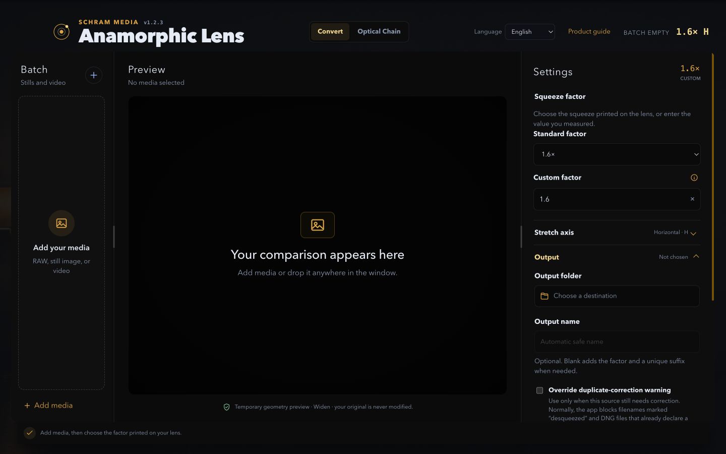 The Anamorphic Lens conversion workspace on macOS